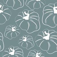 seamless autumn pattern with round pumpkins drawn in white outline on a turquoise background vector