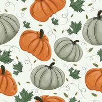 seamless autumn pattern with two types of round pumpkins in green and orange colors with pumpkin seeds and leaves on a light background vector