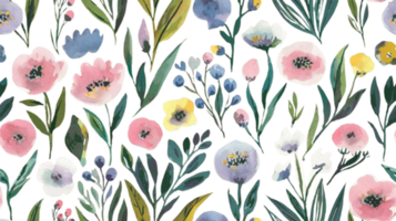 seamless watercolor pattern of wildflowers featuring various colors and shapes, creating vibrant and cheerful atmosphere. Perfect for fabric, wallpaper, or stationery designs png