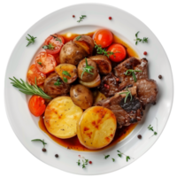 Roast beef with potatoes and tomatoes on white plate. isolated on transparent background png