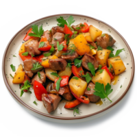 Beef stew with potatoes and vegetables on plate isolated on transparent background png