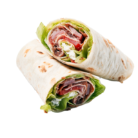 Tortilla wrap with bacon and lettuce isolated on transparent background. png