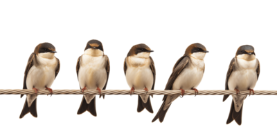 group of swallows sitting on the rope isolated on transparent background. png