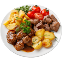 Beef stew with potatoes and tomatoes on white plate isolated on transparent background png