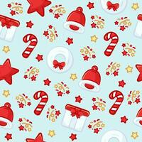 Christmas elements seamless pattern, with cute cartoon design style in blue sky background vector