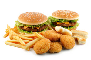 Hamburger with french fries and chicken nuggets isolated on transparent background. png
