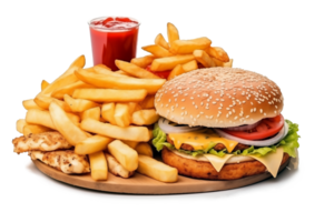 Hamburger with french fries and ketchup isolated on transparent background. png