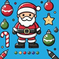 Vibrant and playful image features Santa Claus in the center, surrounded by colorful Christmas ornaments, candy canes, and a bright yellow star with blue background vector