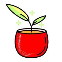 Graphic illustration of a green plant with two leaves and a small stem growing from a red pot. vector