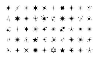 sparkle star icons collection. Set of shiny black star sparkle icons, and sunburst star shapes. Abstract magic light flare pack Isolated on a white background. vector