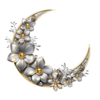 Elegant Crescent Moon with Golden and Silver Flowers for Decorative Use Transparent Background png