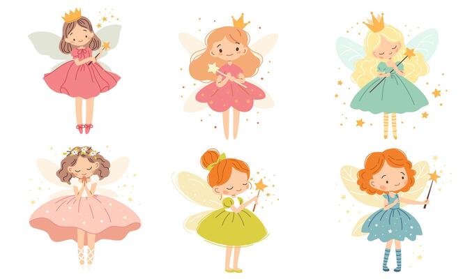 Set of flat illustrations in children's style. Cute fairies with magic wands on white background