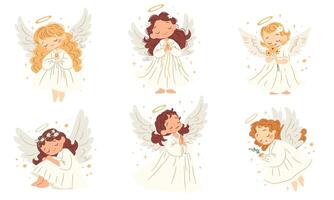 A set of cute illustrations in children's style. Cute angels on white background with wings vector
