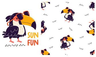 Collection of prints for printing on children's products. Cute toucan with sunglasses. Seamless pattern, Sun Fun lettering vector
