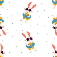 Seamless pattern with summer theme. Cute bunny in inflatable circle, sunglasses and swimsuit vector