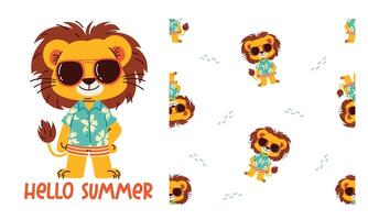 Collection of prints for printing on children's products. Cute lion in summer shirt and sunglasses on white background. Seamless pattern, lettering vector