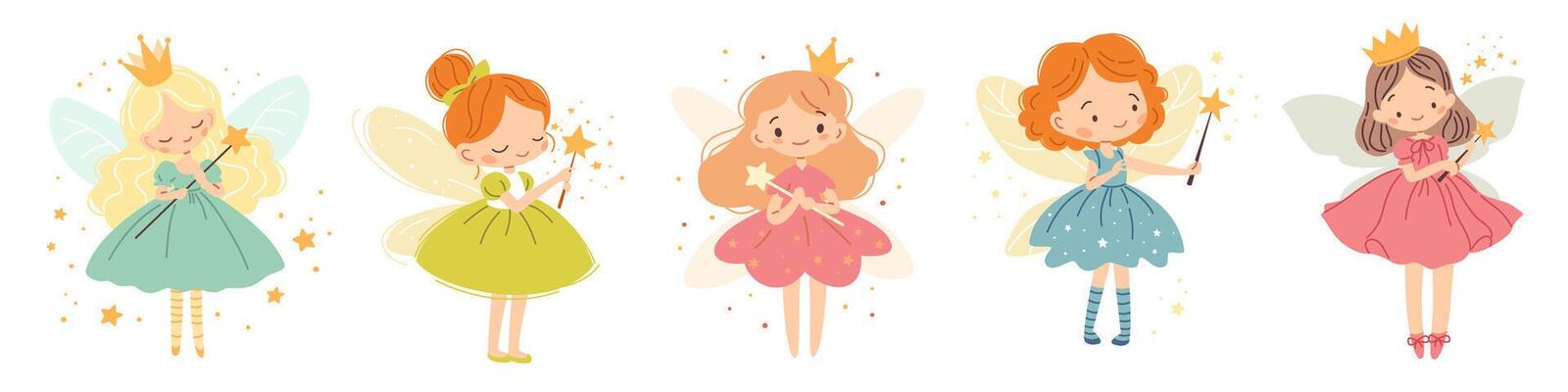 Set of flat illustrations in children's style. Cute fairies with magic wands on white background