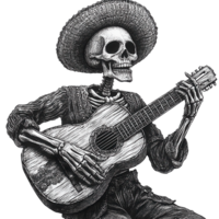 Mariachi Skeleton Playing Guitar - Festive Scene for Celebrations Transparent Background png