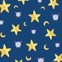 Pattern cute clock, moon and stars in the cartoon style on blue background vector