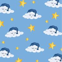 Pattern with cute clouds and stars in cartoon style on the light background vector