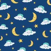 Pattern with cute clouds and stars in cartoon style on the light background vector