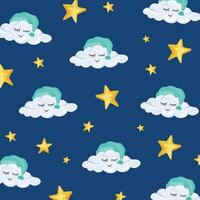 Pattern with cute clouds and stars in cartoon style on the light background vector