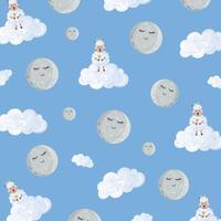 Pattern with cute sheeps and clouds on a blue background. vector