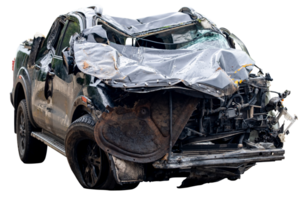 Front and side view of black pickup truck car get damaged by accident on the road. damaged cars after collision. isolated on transparent background, File png