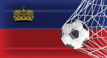 Soccer Football ball in Goal Net Isolated on Liechtenstein Shaded Flag, Sports Accessory Equipment for Playing Game, Championship and Competition Design Element Realistic 3D vector
