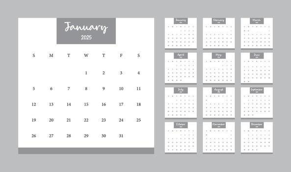 2025 calendar template 12 page, Week starts on Sunday, Simple calendar design for 2025 year. vector