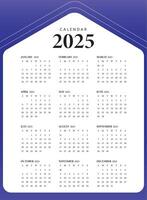 2025 one page calendar design template, simple calendar design for 2025 year. vector
