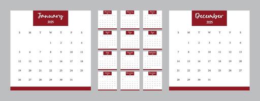 Calendar 2025 planner corporate template design set. Week starts on Sunday. calendar set for 2025 vector