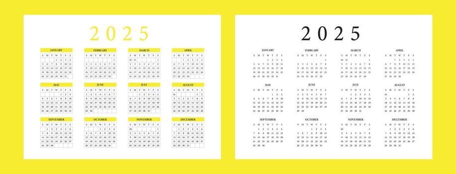 Calendar 2025, Calendar Set for 2025 year, Minimalist clean square layout, Calendar 2025 week start Sunday vector