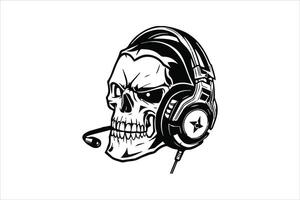 Skull with headset illustration on a white background, easily editable file, hand drawing, t-shirt print vector