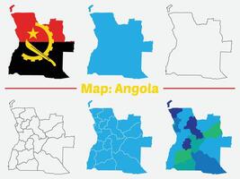 angola map - High detailed blue map with counties, Angola maps for design Black, outline, flag map. vector