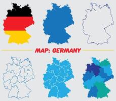 Detailed blue, flag, stroke and divisional map of Germany with administrative divisions into lands and regions of the country vector