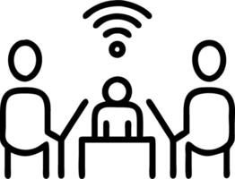 A black and white image of three people sitting at a table with a wifi symbol vector