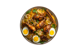 Chicken biryani with boiled eggs and spices on a plate isolated on a transparent background png
