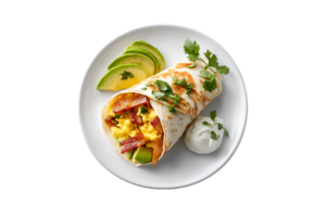 Breakfast burrito with eggs bacon and avocado on a plate isolated on a transparent background png