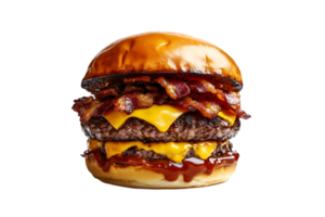 Double bacon cheeseburger with barbecue sauce isolated on a transparent background png