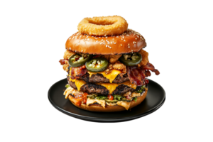 Double cheeseburger with bacon and onion rings isolated on a transparent background png