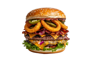 Cheeseburger with bacon, onion rings, and jalapenos isolated on a transparent background png