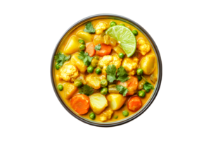 Vegetable curry with peas, potatoes, and lime in a bowl on a transparent background png