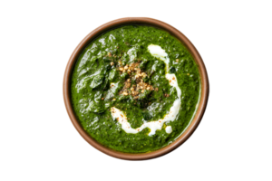 Palak paneer spinach curry in a bowl with a transparent background png
