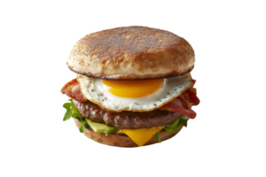 Breakfast burger with bacon and fried egg isolated on a transparent background png