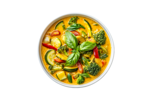 Vegetable curry with basil in a bowl on a transparent background png
