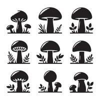 A variety of mushroom shapes silhouetted on white surface vector
