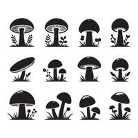 Grouped mushroom silhouettes set against white background vector
