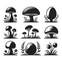 Selection of mushroom silhouettes on a blank white background vector