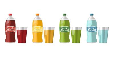 Set of colored soda bottles and faceted glasses with drink. Flat icons of soda water isolated on white background vector
